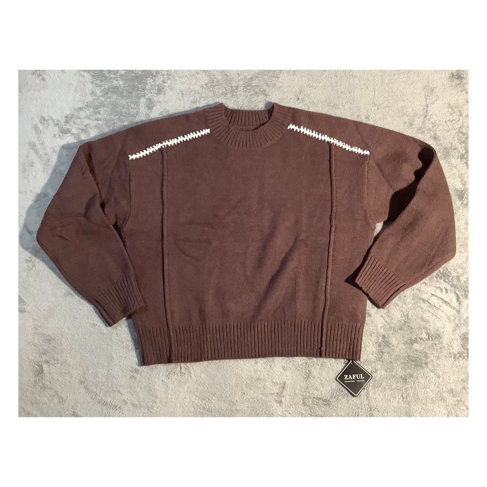 Zaful Men's Brown Contrast Stitch Crew Neck‎ Sweater Size M Relaxed Fit NWT
